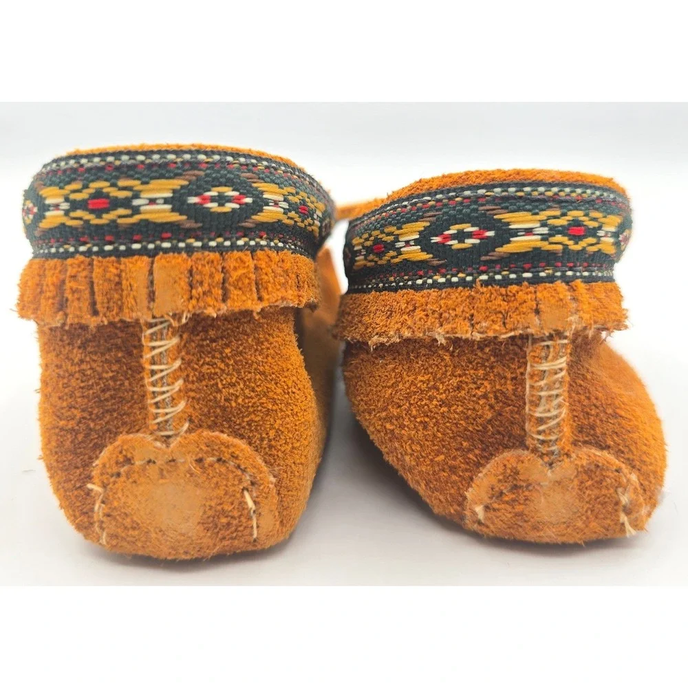 Vintage Animoc Indian‎ Moccasins Baby Suede Booties Size 4 Tan Fringe with Box